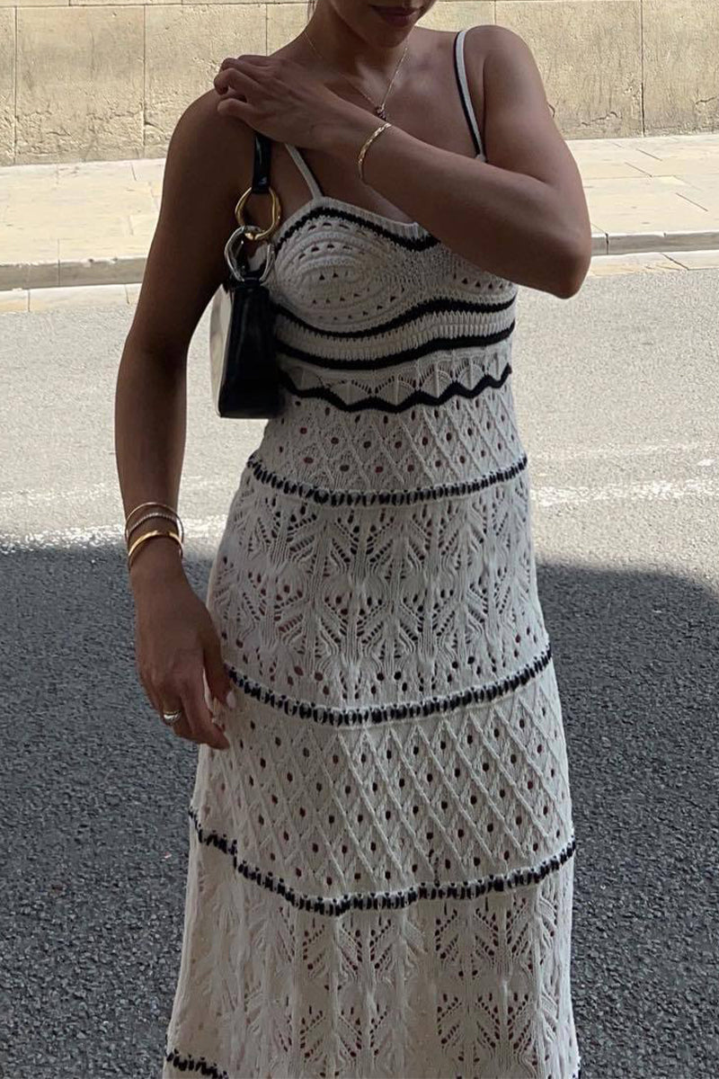 Fabiola Boutique Solid Color Hollow Out Contrast One Tier V Neck Skirt Dresses Evening Wear Edit