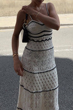 Fabiola Boutique Solid Color Hollow Out Contrast One Tier V Neck Skirt Dresses Evening Wear Edit
