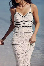 Fabiola Boutique Solid Color Hollow Out Contrast One Tier V Neck Skirt Dresses Evening Wear Edit