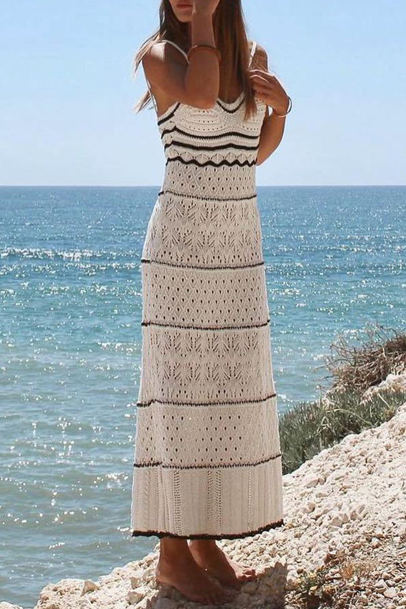 Fabiola Boutique Solid Color Hollow Out Contrast One Tier V Neck Skirt Dresses Evening Wear Edit