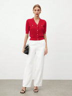 V Neck Knit Top Short Sleeve Office Ready Casual Chic