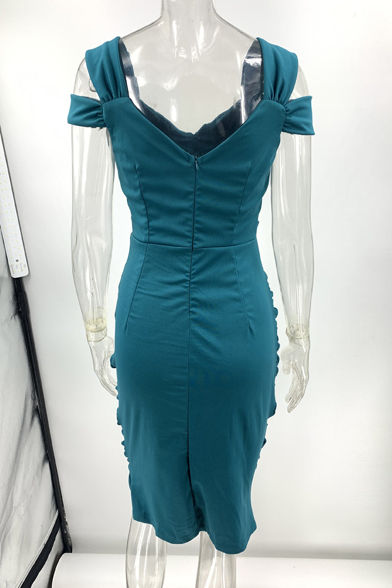 Liliana Elevated V Neck Solid Color Pleated Dresses with One Tier Skirt (3 Colors) Evening Wear Edit