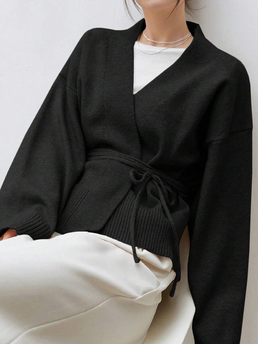 Apricot Belted Drop Shoulder Cardigan