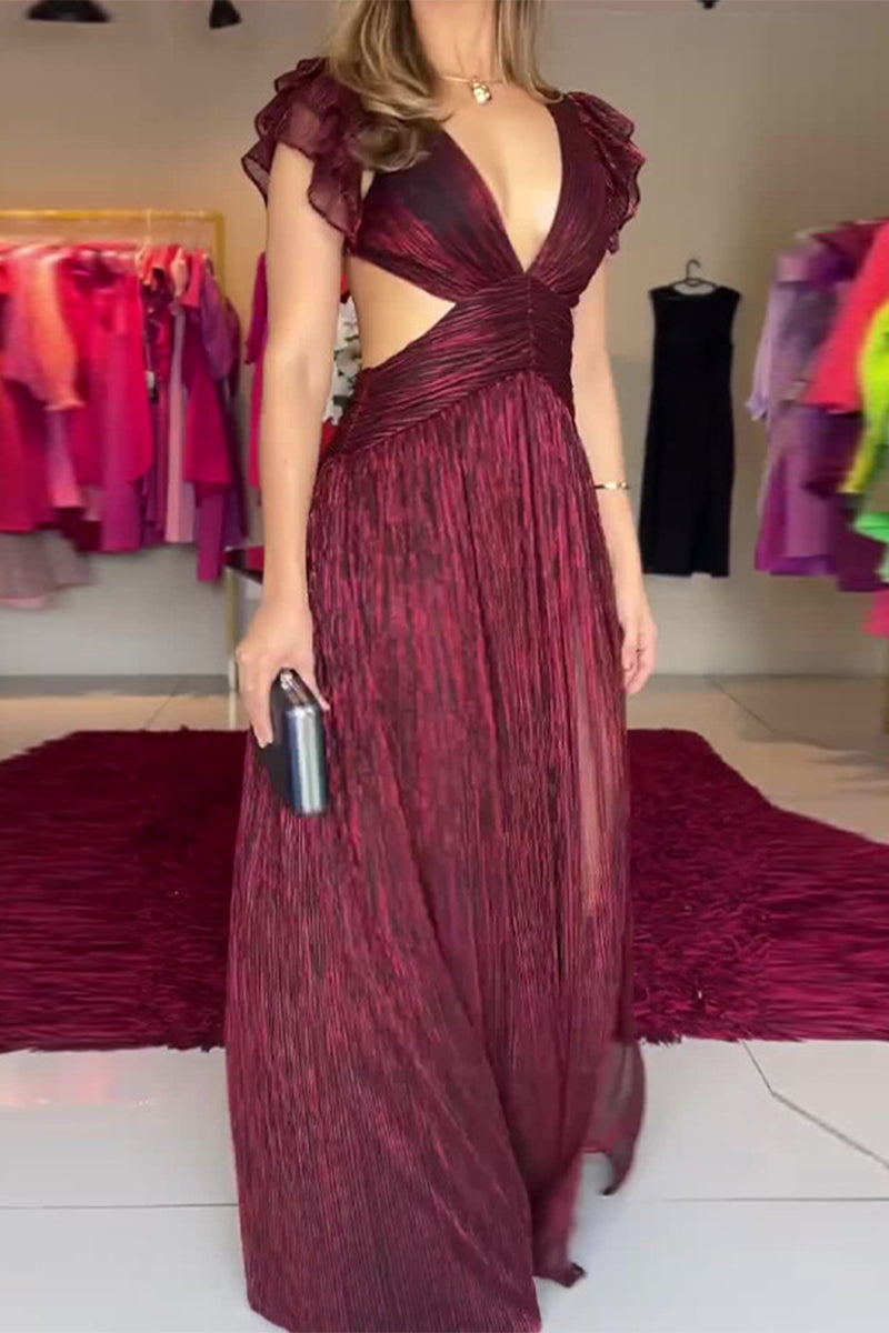 Liliana Effortless Solid Color Pleated a Line Dresses with V Neck and Slit Designer Dress Edit