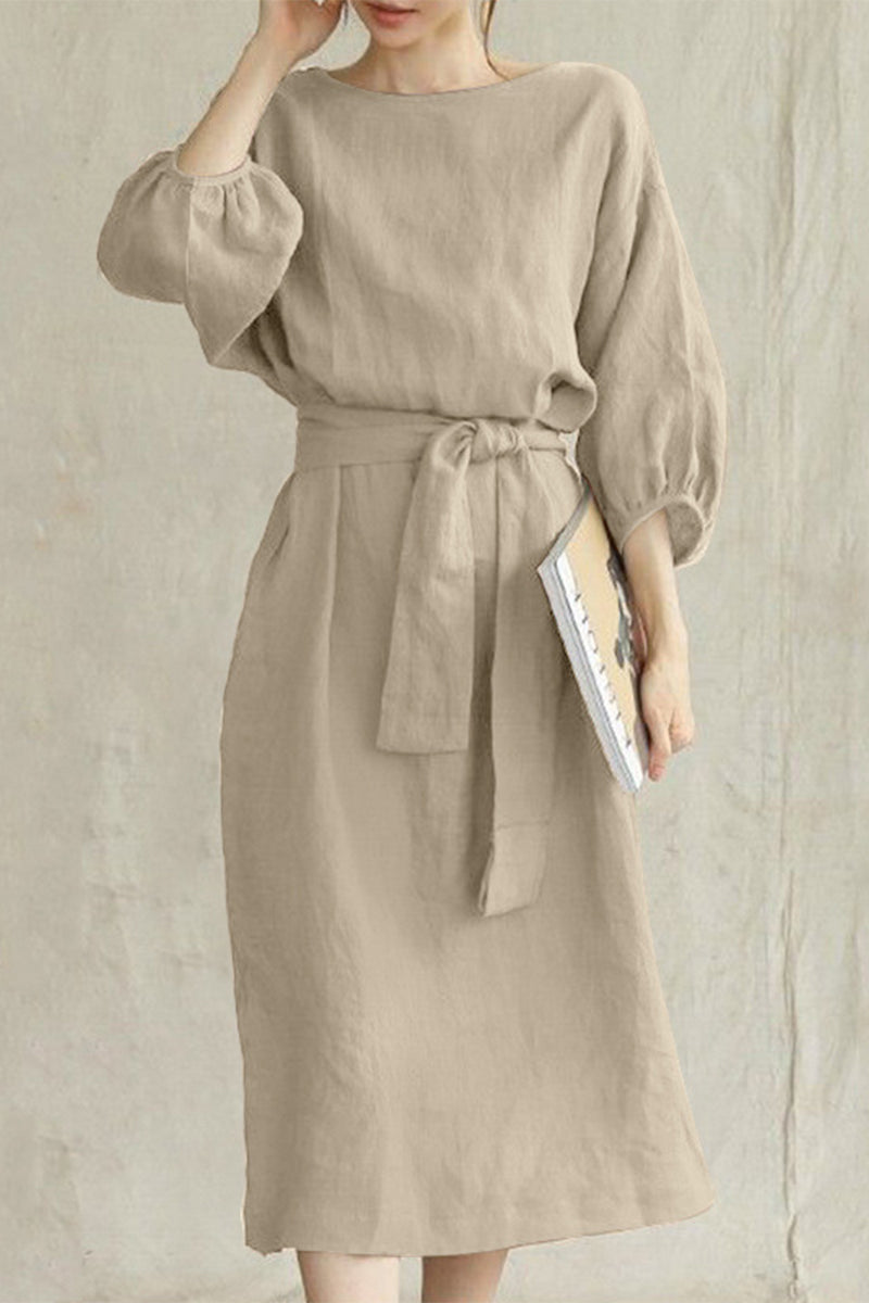 Beatrice Elevated Casual Half Sleeve Tie Waist Midi Dress Chic Silhouette Collection