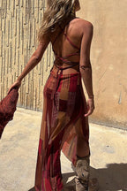 Valeria Chic Sling Dresses Geometric Print Backless Slit Strap Design (3 Colors) Designer Dress Edit
