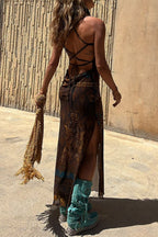 Valeria Chic Sling Dresses Geometric Print Backless Slit Strap Design (3 Colors) Designer Dress Edit