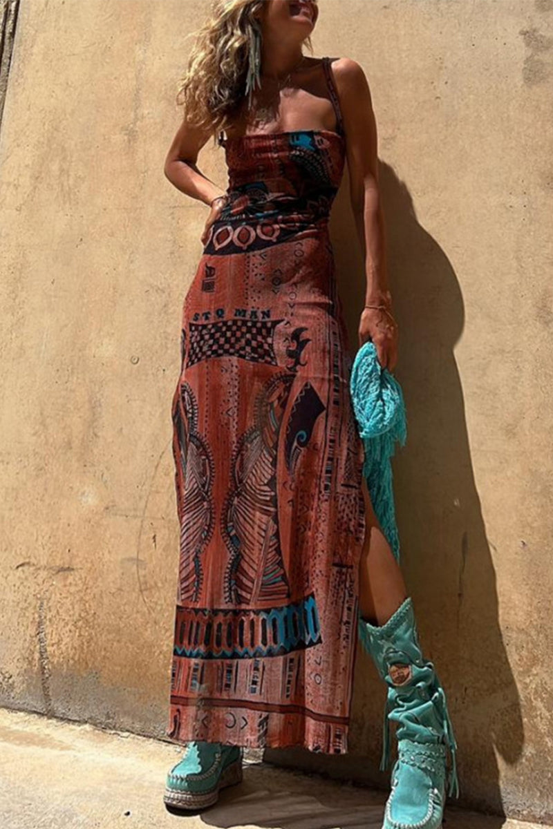 Valeria Chic Sling Dresses Geometric Print Backless Slit Strap Design (3 Colors) Designer Dress Edit