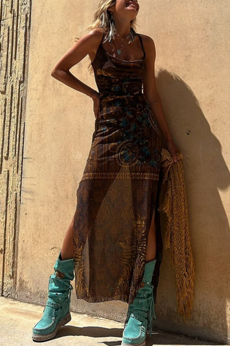Valeria Chic Sling Dresses Geometric Print Backless Slit Strap Design (3 Colors) Designer Dress Edit