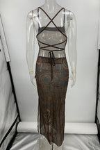 Valeria Chic Sling Dresses Geometric Print Backless Slit Strap Design (3 Colors) Designer Dress Edit