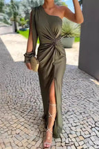 Tatiana Minimalist Solid Color Ruched Knotted Long Dresses with Slant Shoulder and Slit Statement Occasion Edit