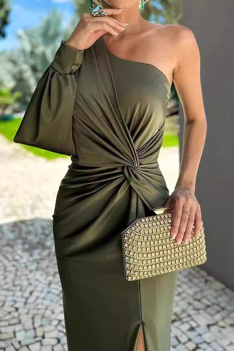 Tatiana Minimalist Solid Color Ruched Knotted Long Dresses with Slant Shoulder and Slit Statement Occasion Edit