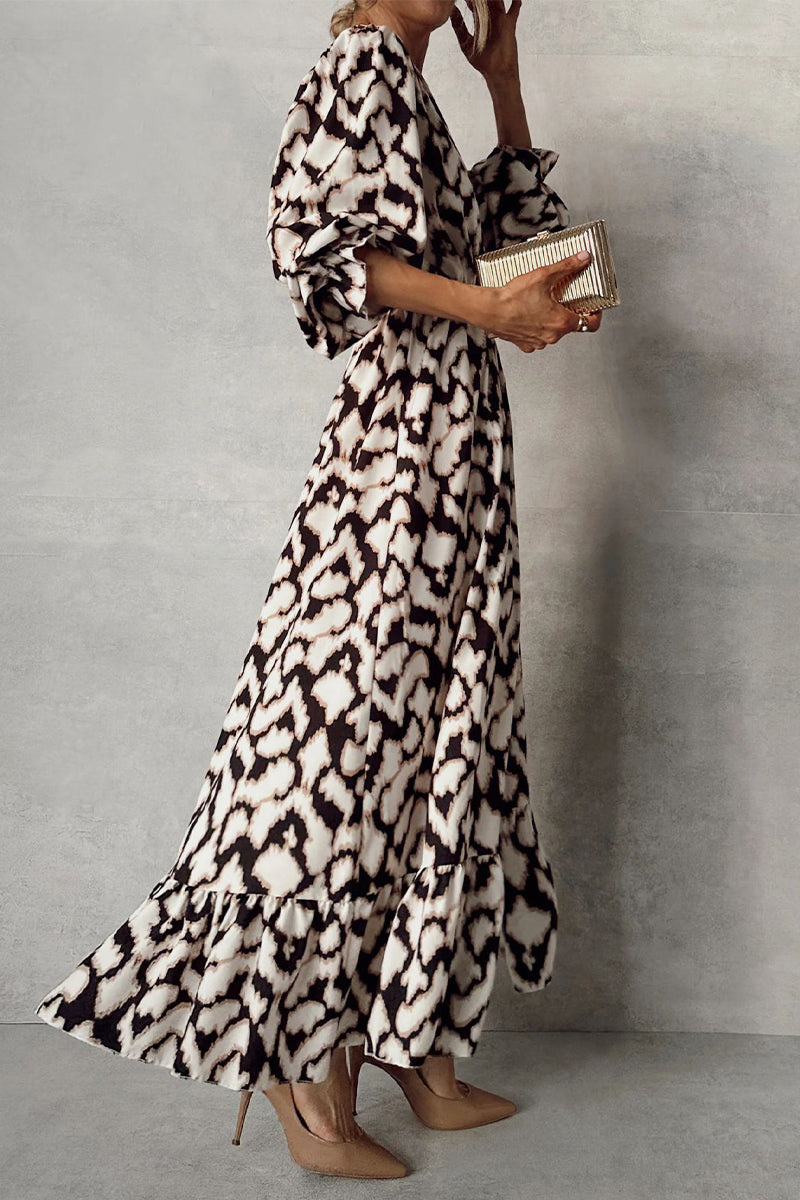 Yolanda Timeless Casual Street Dresses with Geometric Print, Ruffles, Slit, V Neck and a Line Designer Dress Edit