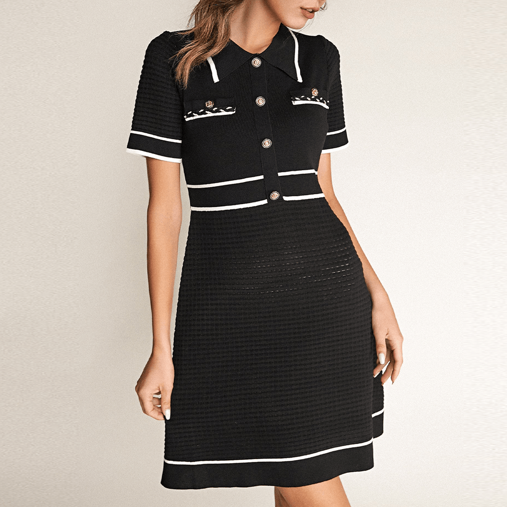 Black Contrast Trim Collared Knitted Mini Dress