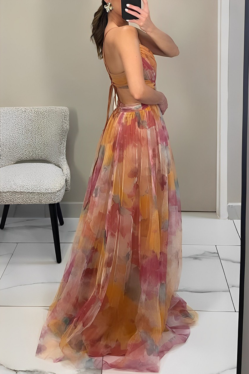 Paloma Boutique Backless Contrast Long Dresses with Gradient Print and V Neck Evening Wear Edit