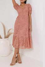 Caterina Minimalist Short Sleeved Lace Dress with V Neckline Designer Edit