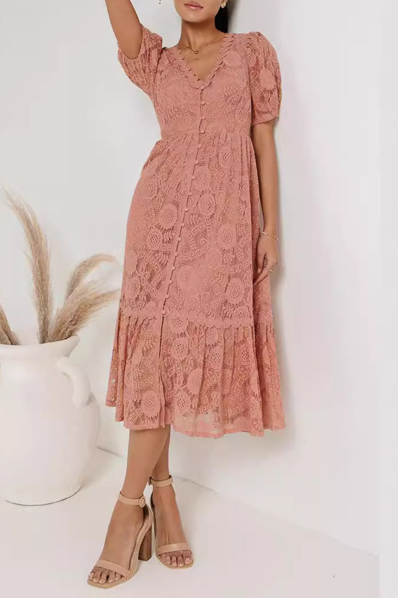 Caterina Minimalist Short Sleeved Lace Dress with V Neckline Designer Edit