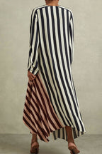 Sabrina Luxe Long Dresses with Deep V Neck and Striped Patchwork of Celebrities Everyday Edit