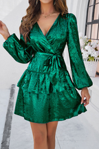 Alberta Premium Long Sleeved V Neck Mini Dress with a Tie Waist Wardrobe Essential