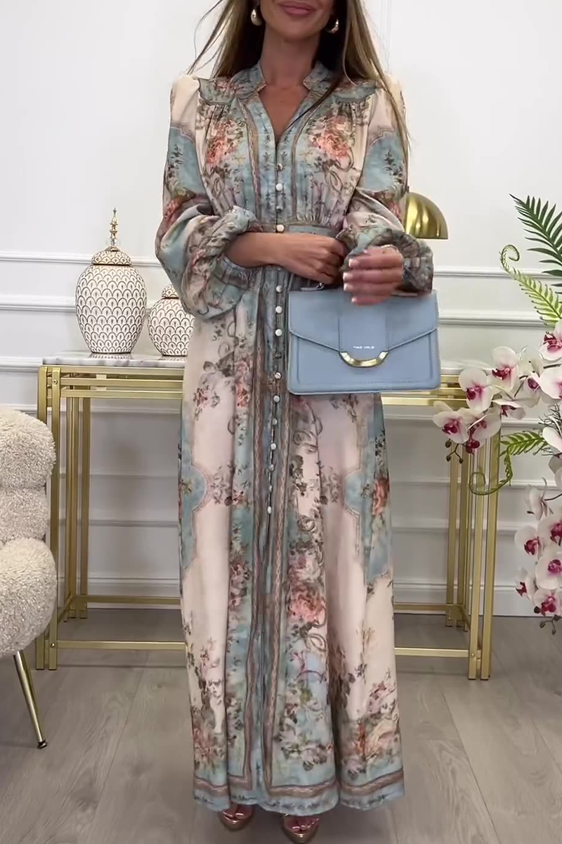 Mercedes Boutique Floral Print a Line Dresses with Buckle and V Neck Evening Wear Edit