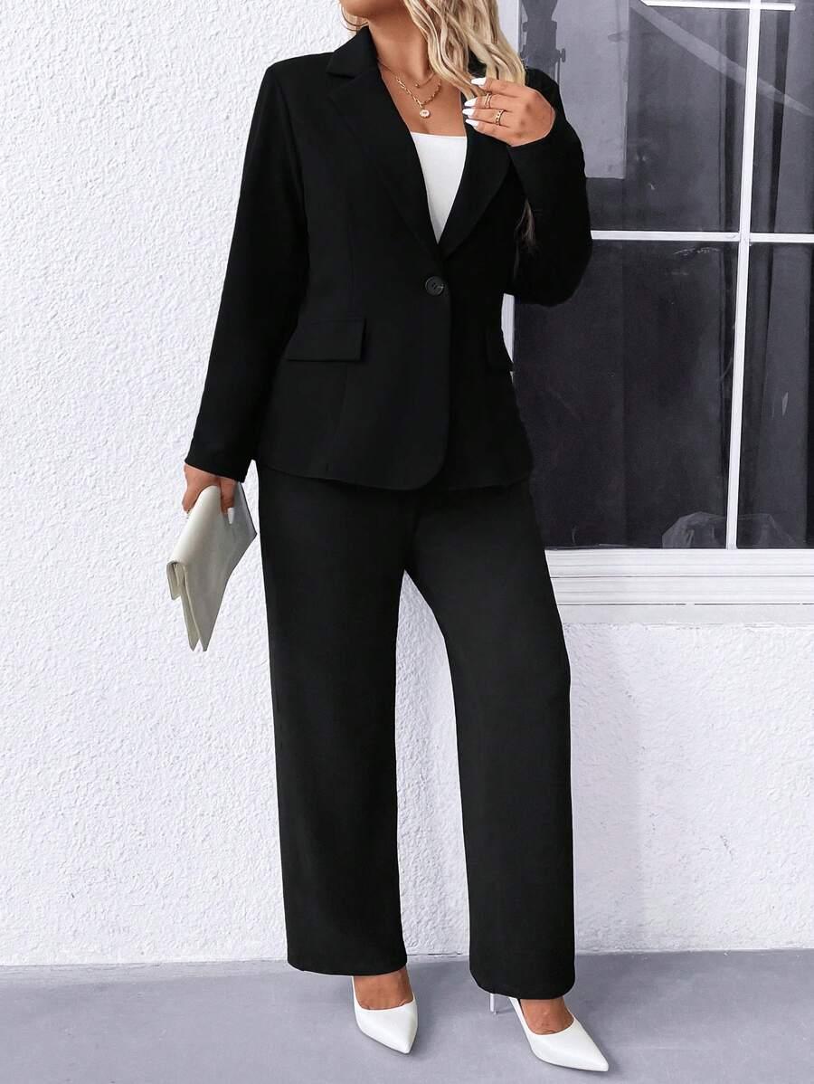 Plus Size Notched Collar Blazer Navy Workwear Casual