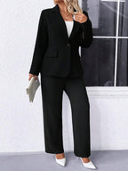Plus Size Notched Collar Blazer Navy Workwear Casual