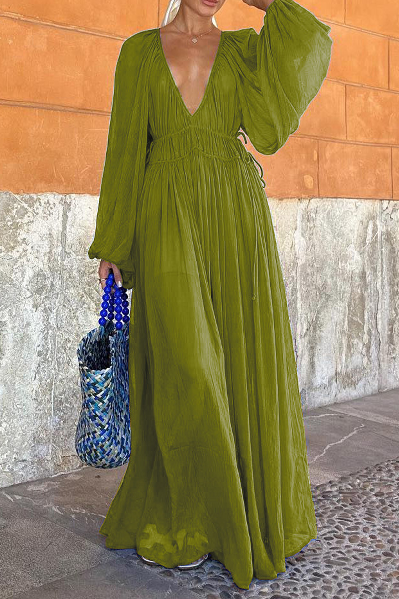 Magaly Boutique Solid Color Patchwork Sheer V Neck a Line Dresses (3 Colors) Designer Edit