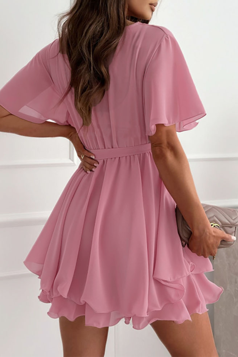 Zinnia Exclusive Dress with Ruffles and Lacing, V Neck Elevated Occasion Wear