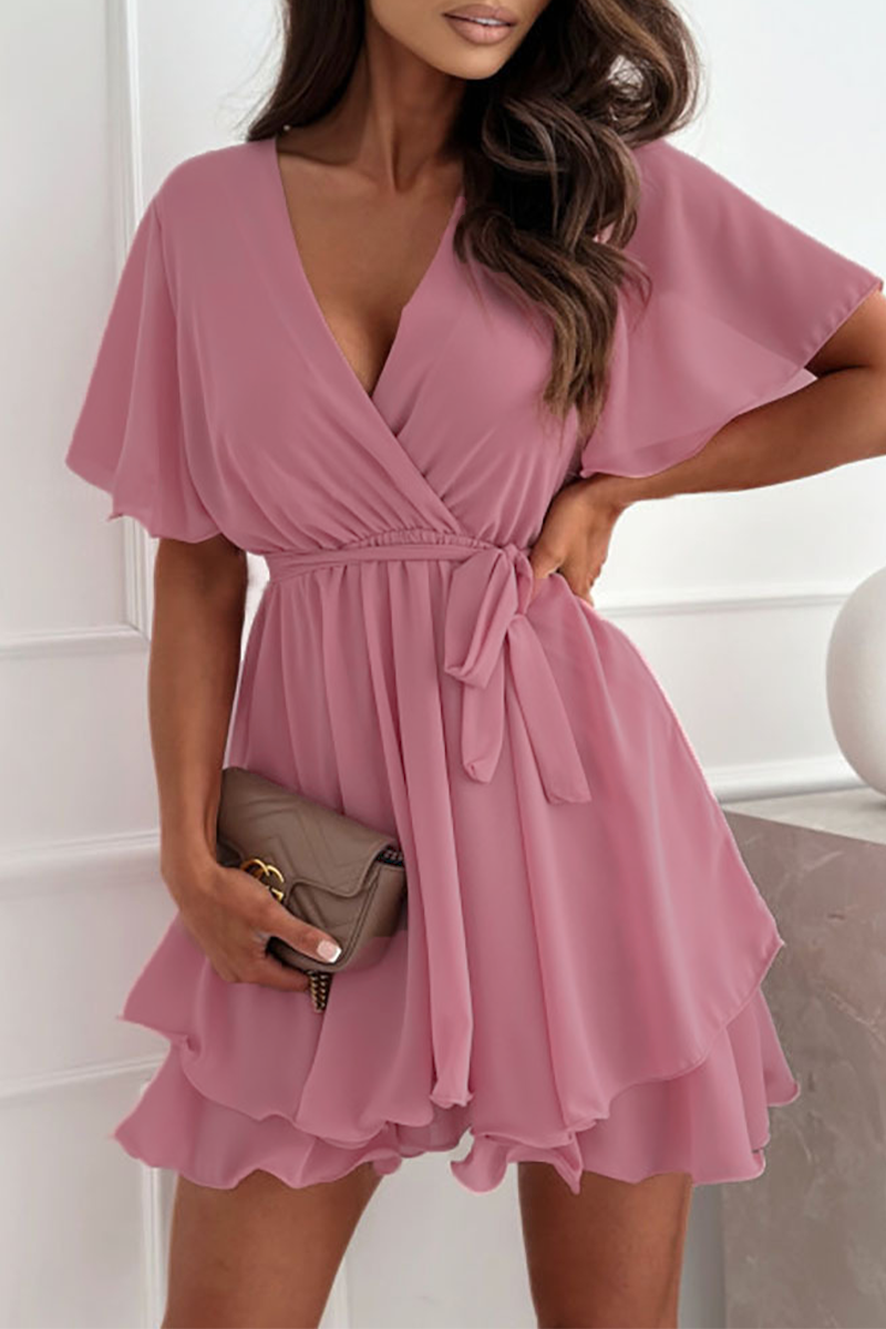 Zinnia Exclusive Dress with Ruffles and Lacing, V Neck Elevated Occasion Wear