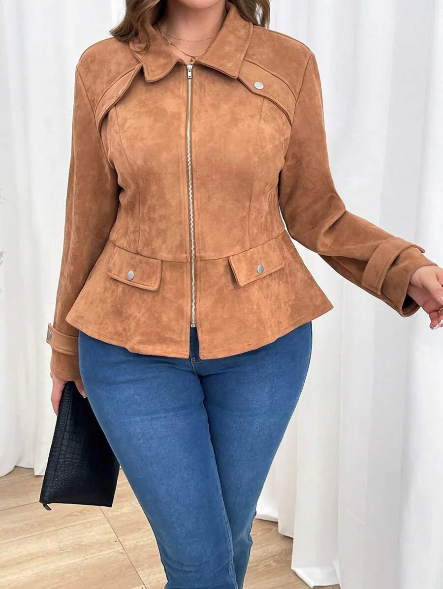 Plus Size Rust Brown Zipper Front Jacket With Casual Fit