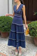 Linda Boutique Solid Color Sleeveless Patchwork Dresses with Fringe Trim and V Neck Dress Collection