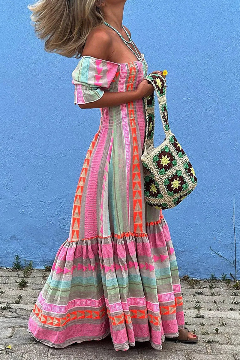 Eliana Boutique Casual a Line Dresses with Contrast Boho Geometric Print and Square Neckline Premium Wardrobe Essential