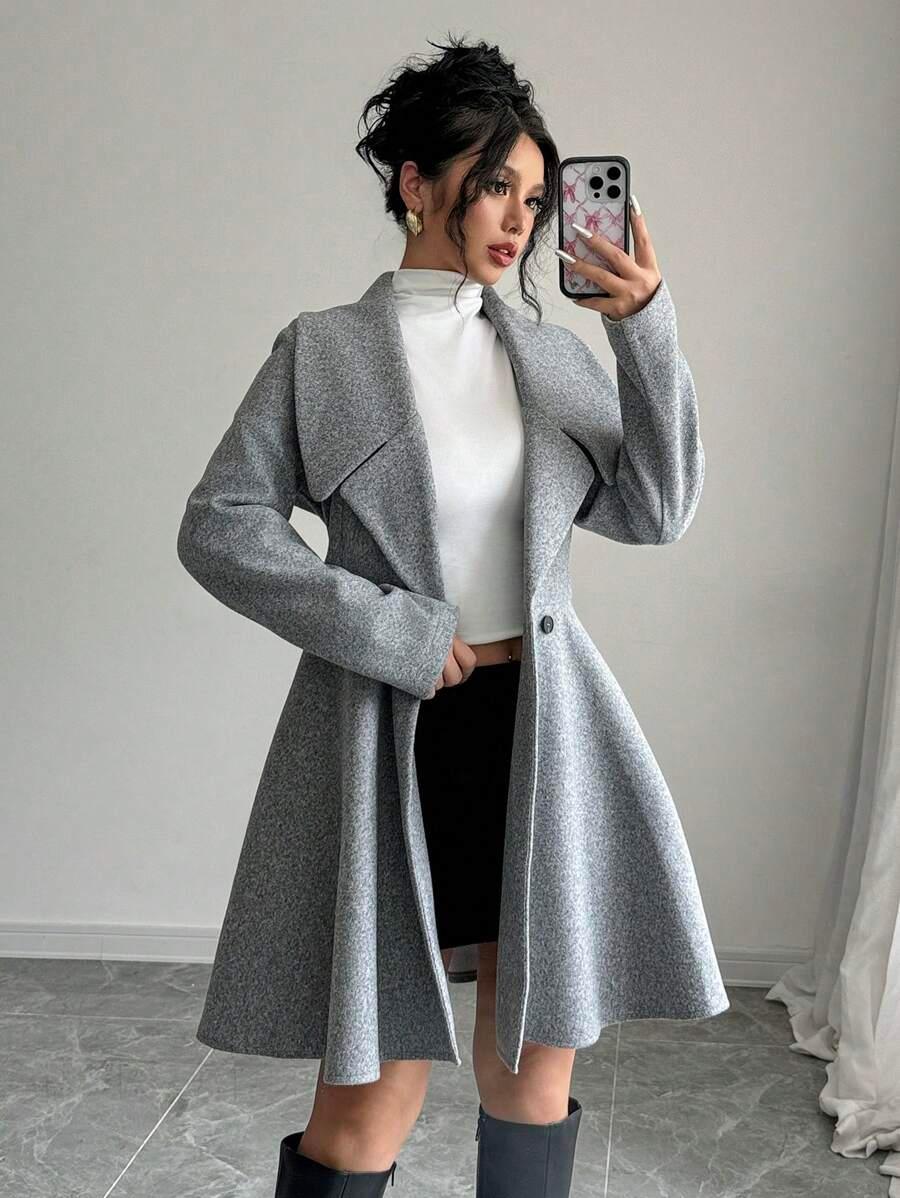Elegant Minimalist Wool Overcoat With Waterfall Neckline