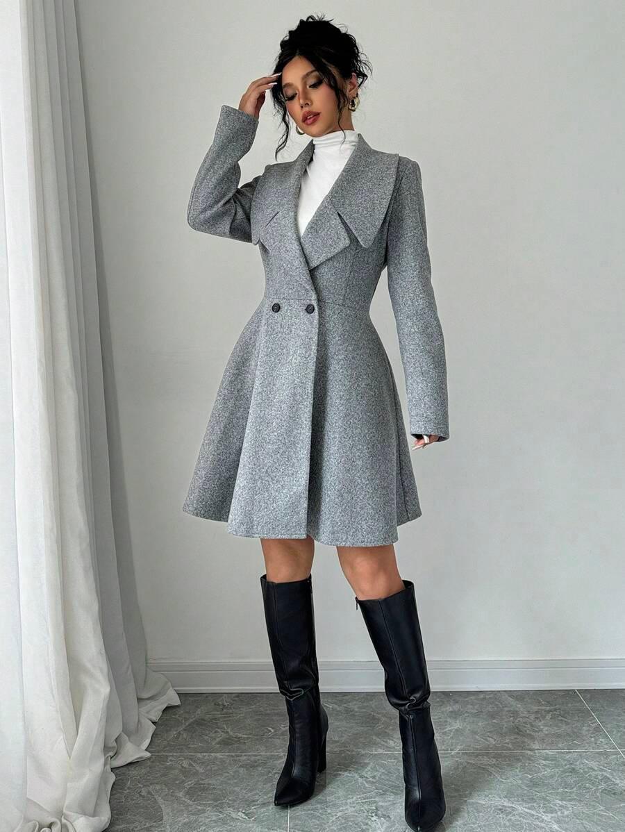 Elegant Minimalist Wool Overcoat With Waterfall Neckline