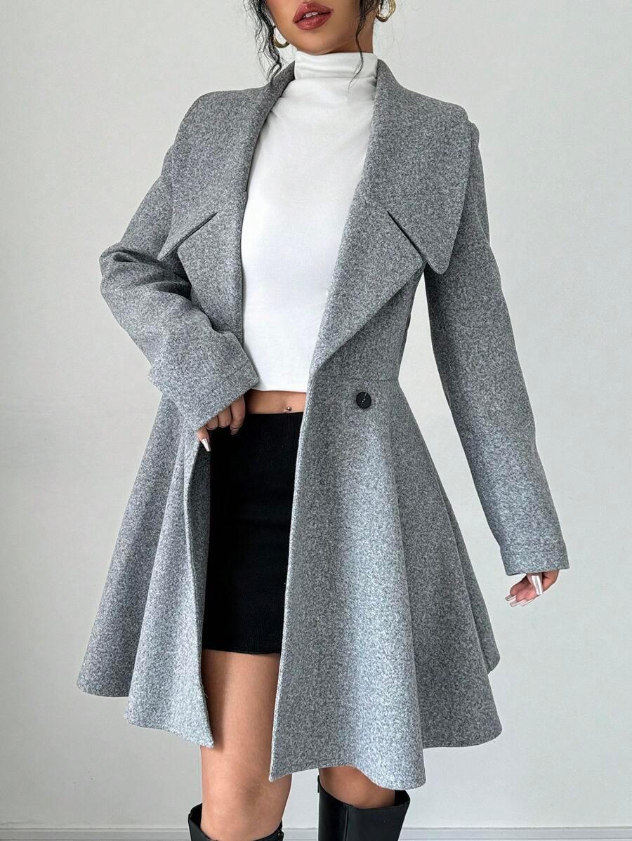 Elegant Minimalist Wool Overcoat With Waterfall Neckline
