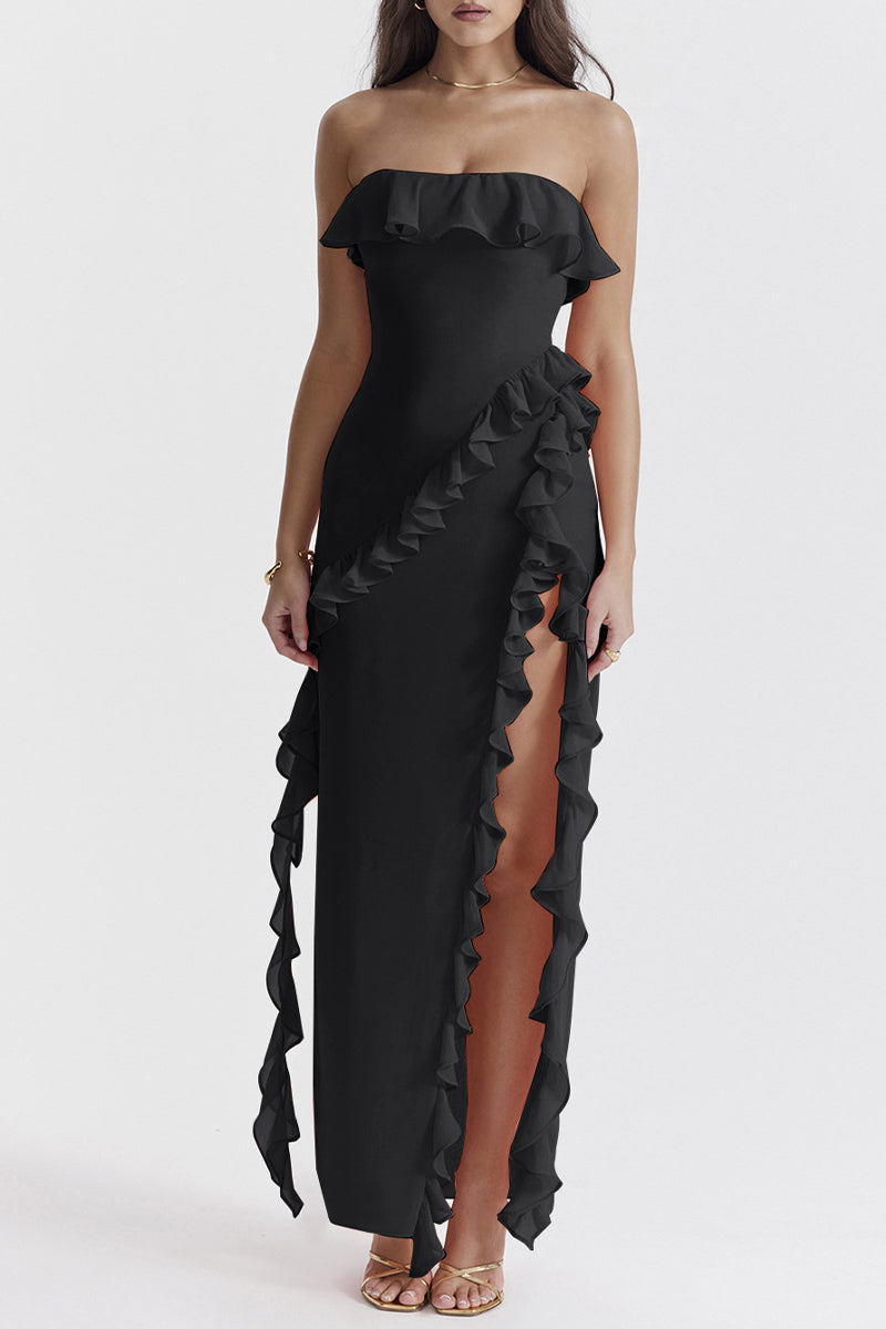Yolanda Aesthetic Solid Color Strapless Irregular Dresses with Ruffles and Slit (3 Colors) Everyday Luxe Edit