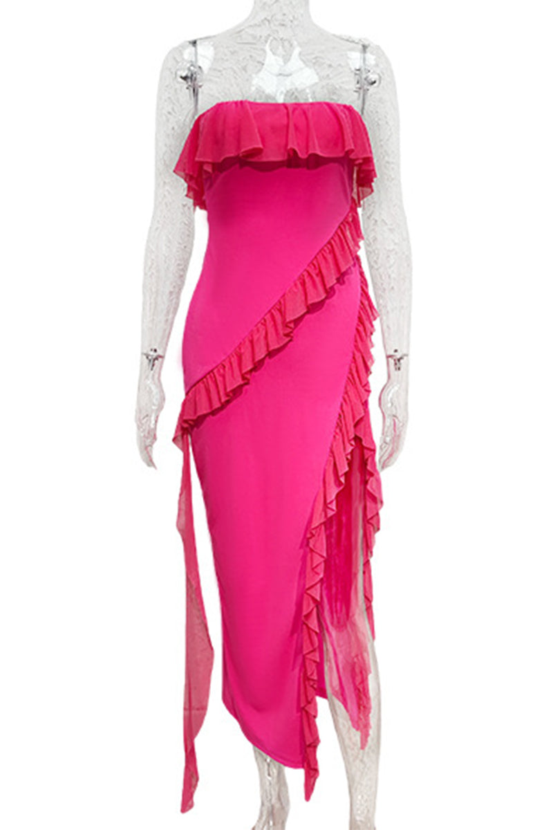 Yolanda Aesthetic Solid Color Strapless Irregular Dresses with Ruffles and Slit (3 Colors) Everyday Luxe Edit