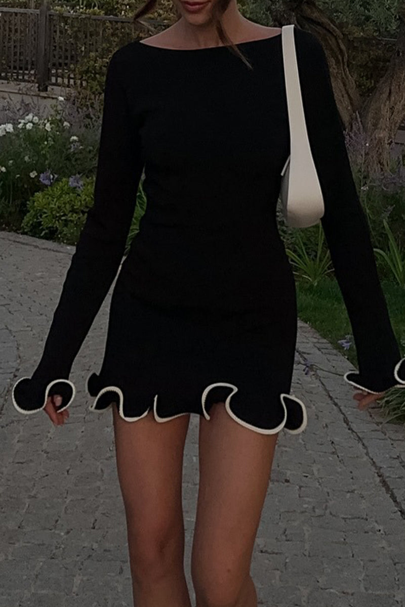 Sabrina Aesthetic Casual Daily Long Sleeve Thread Selvedge O Neck Dresses (3 Colors) Elevated Occasion Wear