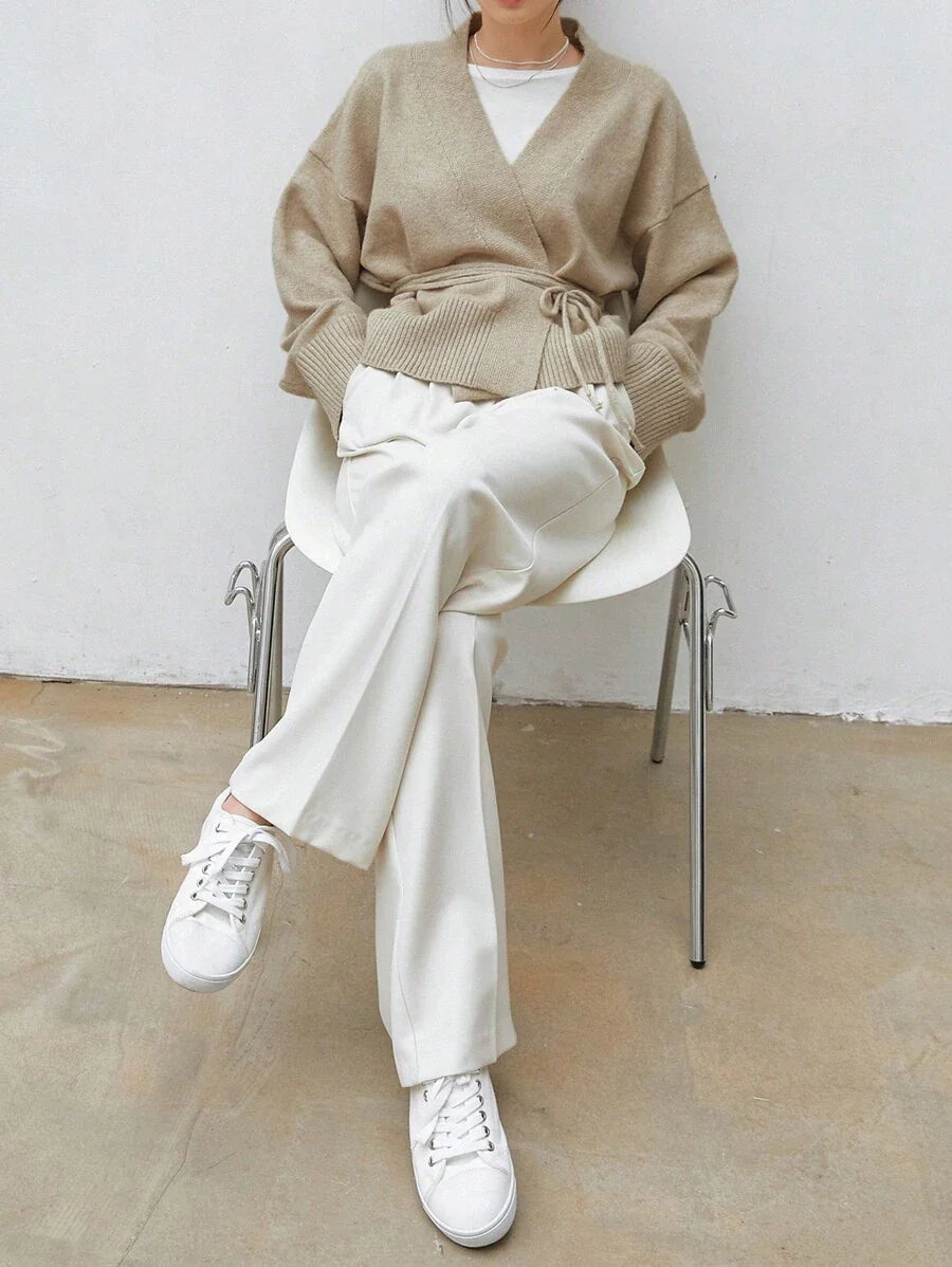 Apricot Belted Drop Shoulder Cardigan