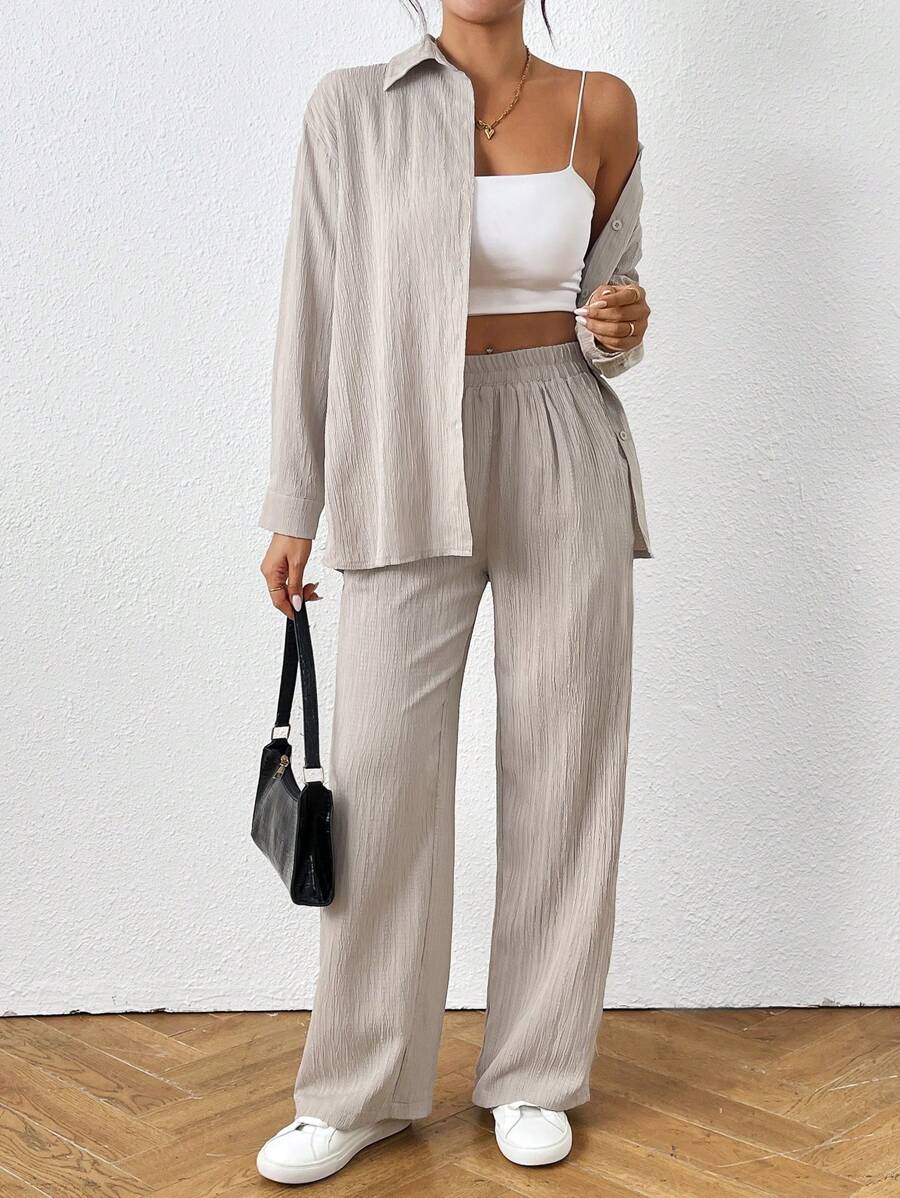 Petite Black Two Piece Office Set Blouse And Pants With Single Breasted Button Front