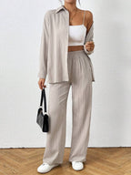 Petite Black Two Piece Office Set Blouse And Pants With Single Breasted Button Front