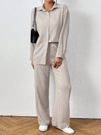 Petite Black Two Piece Office Set Blouse And Pants With Single Breasted Button Front
