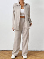 Petite Black Two Piece Office Set Blouse And Pants With Single Breasted Button Front