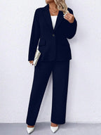 Plus Size Notched Collar Blazer Navy Workwear Casual