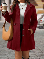 Plus Size Knit Coat Black Lapel Button Decor Waisted Midi