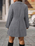 Plus Size Knit Coat Black Lapel Button Decor Waisted Midi