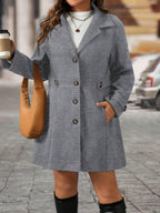 Plus Size Knit Coat Black Lapel Button Decor Waisted Midi