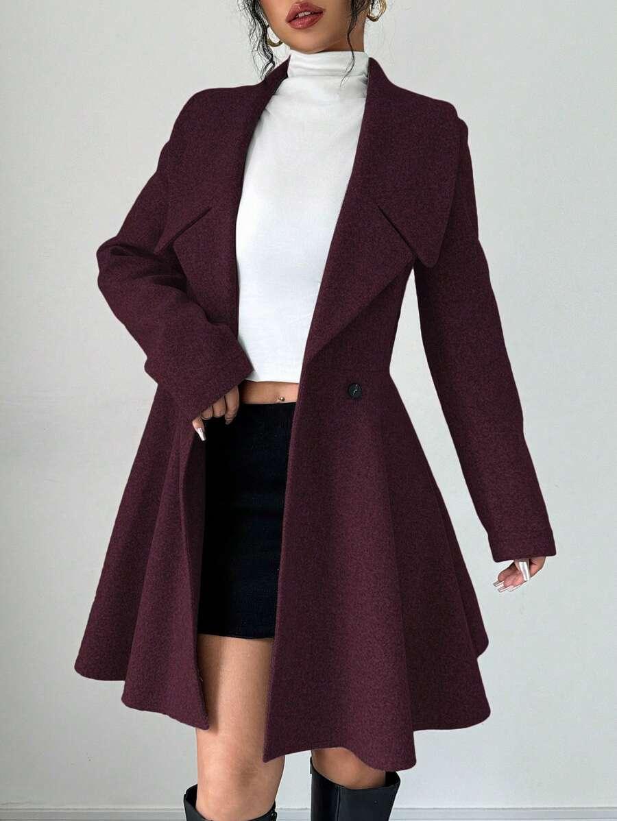 Elegant Minimalist Wool Overcoat With Waterfall Neckline