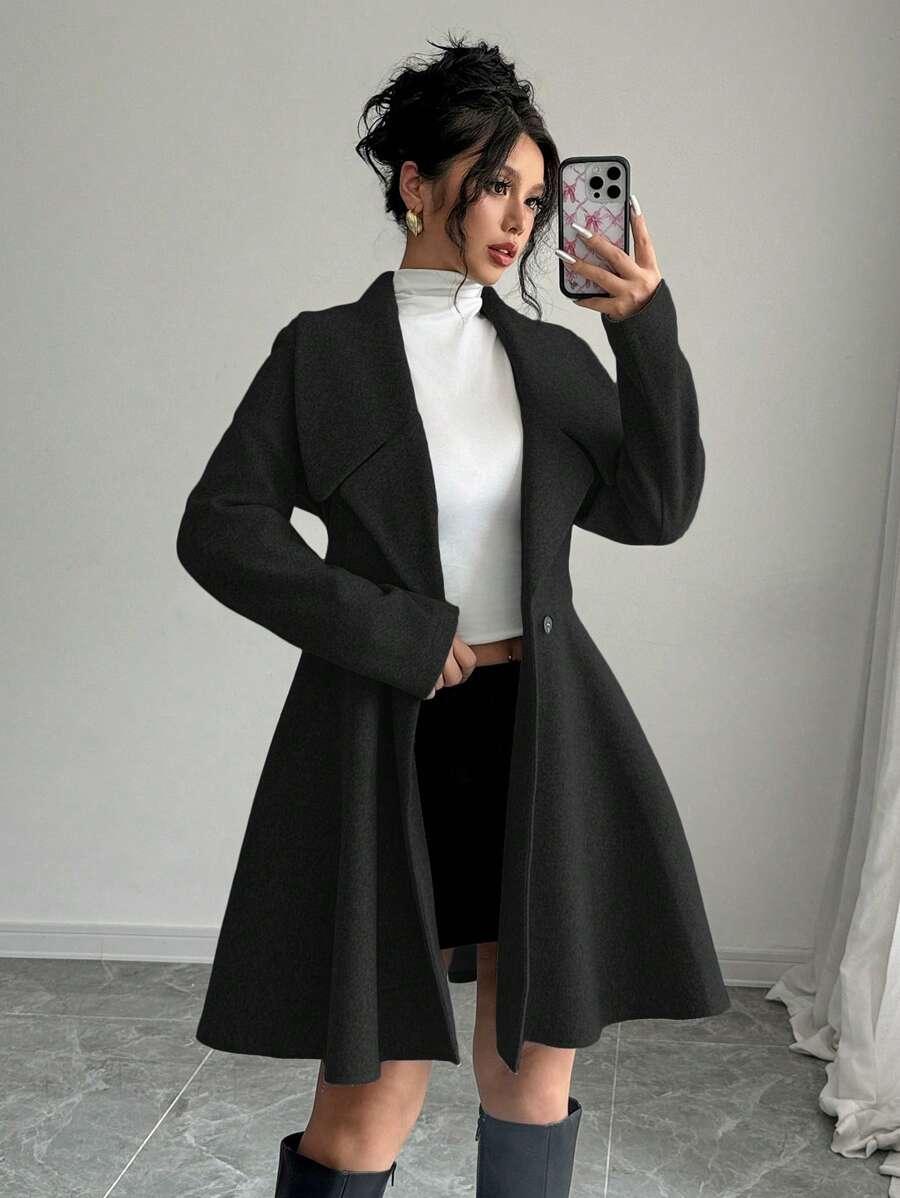 Elegant Minimalist Wool Overcoat With Waterfall Neckline