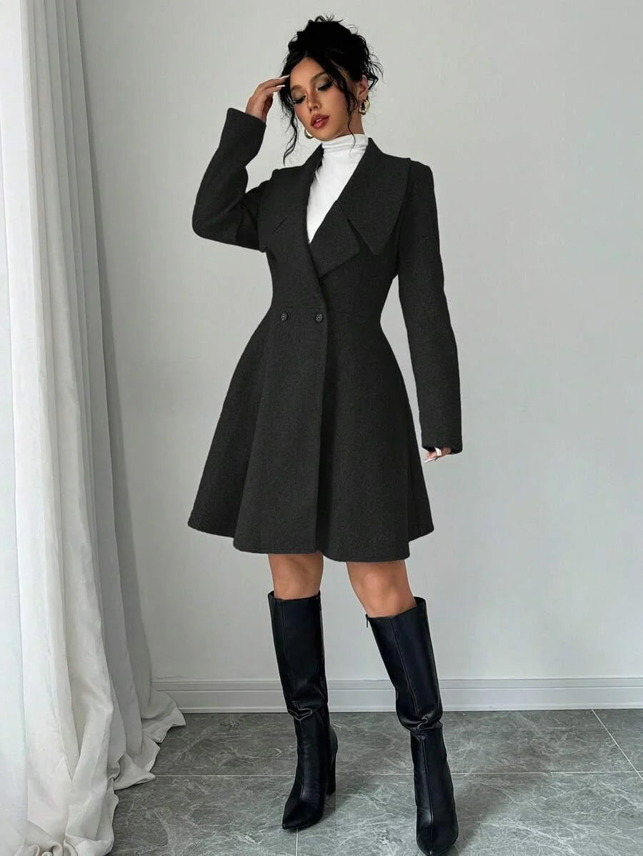 Elegant Minimalist Wool Overcoat With Waterfall Neckline